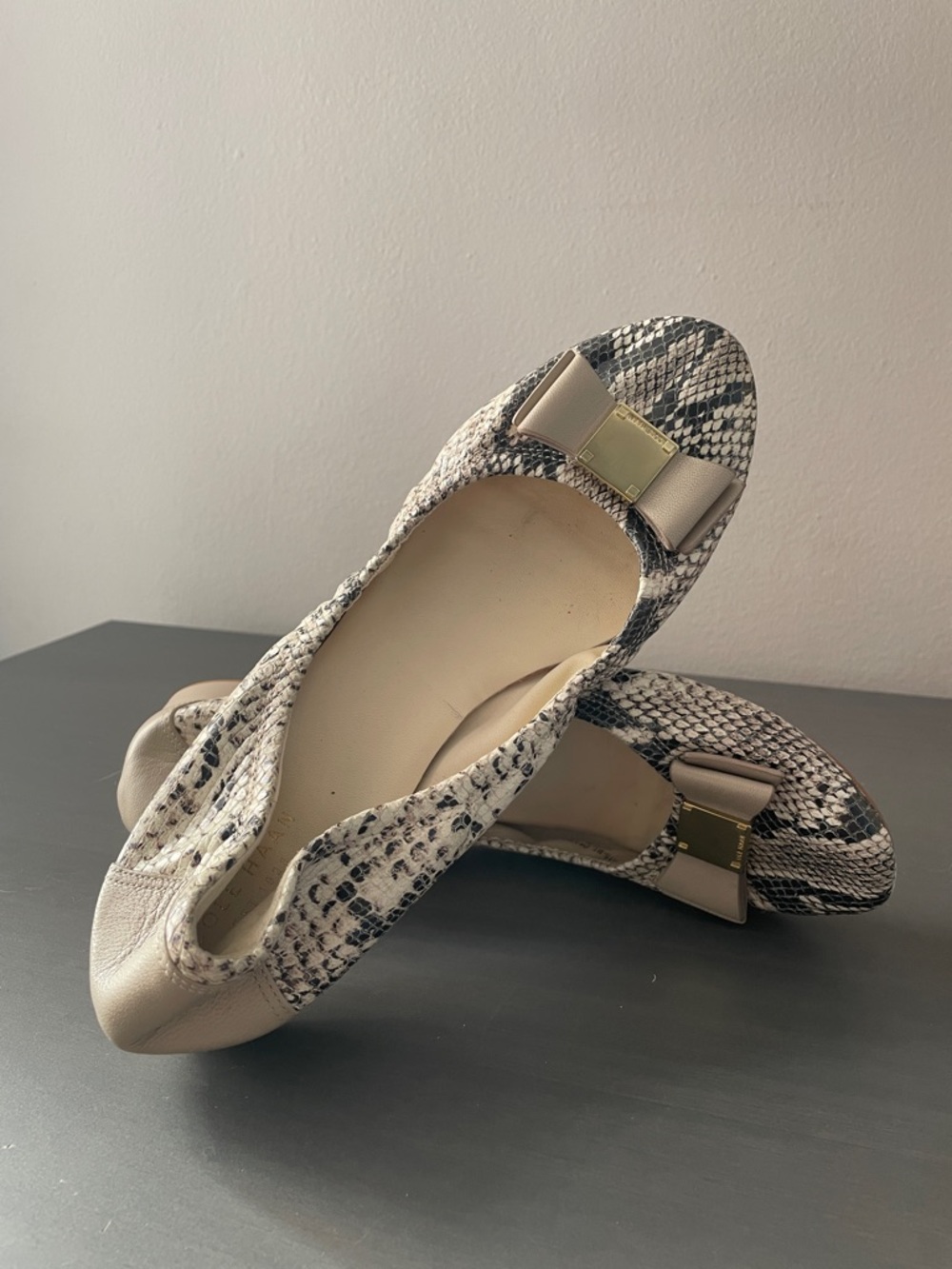 Cole Haan Taupe & Black Snake-Print Bow Ballet Flats